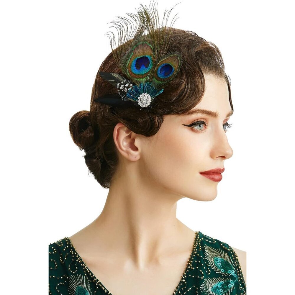 Peacock Feather Hair Clip Rhinestones 1920s Flapper Fascinator Accessory